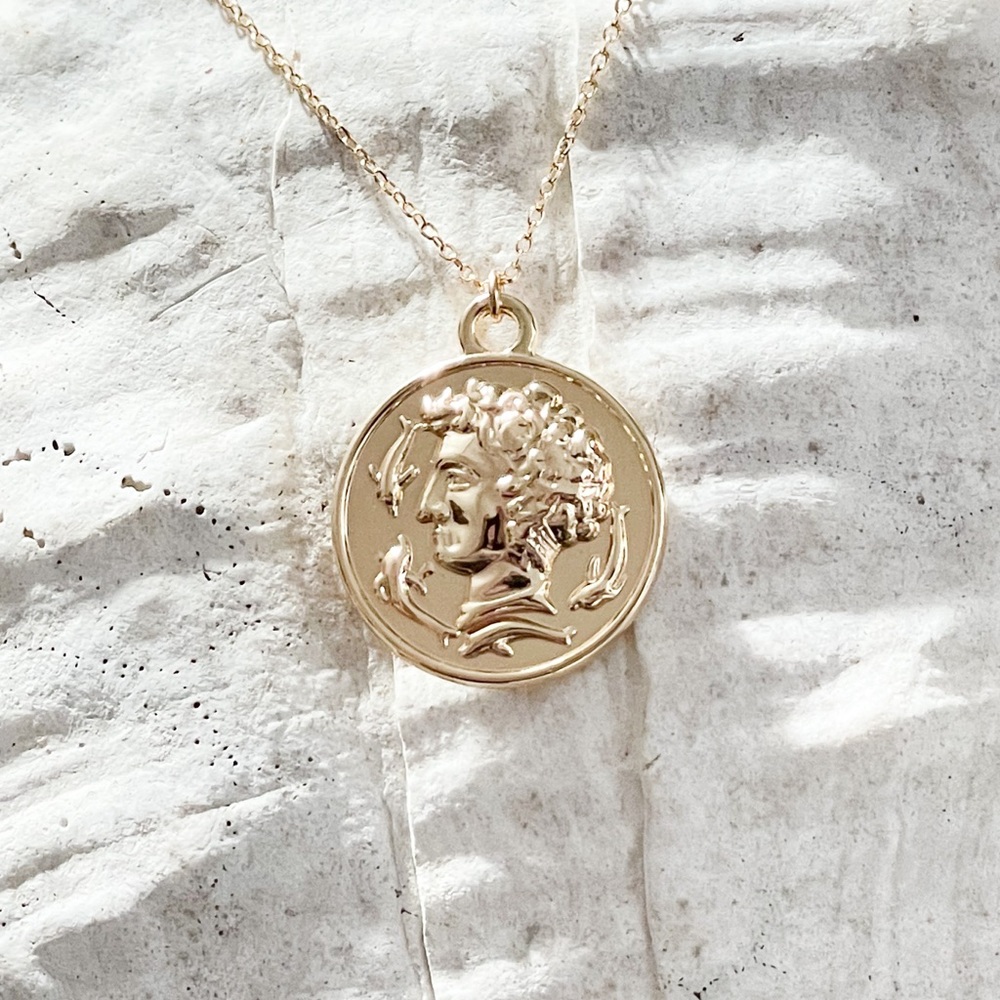 Gold Persephone goddess coin necklace